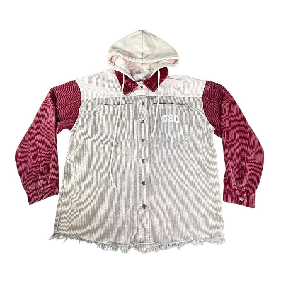 Gameday Couture USC Trojans Corduroy Hooded Shacket Colorblock Grey Maroon XL